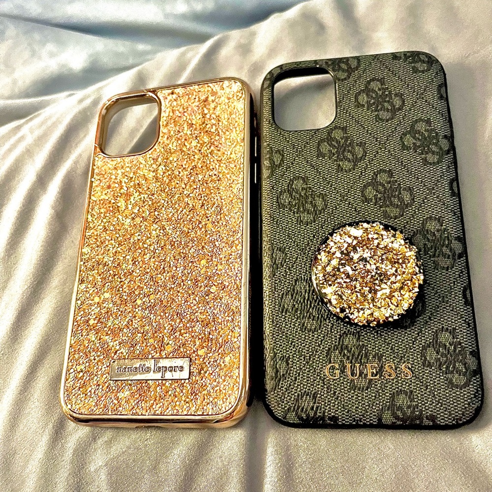 iPhone 13 Guess Gold and Black Glitter Phone Cases with Logo Design